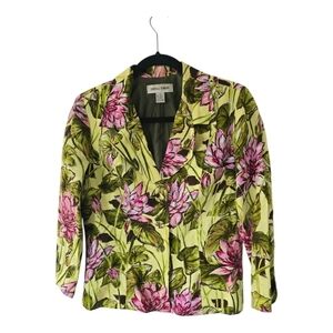 Donna Toran Linen Blend Floral Blazer Jacket Women Sz 6 Button Up Pop Career